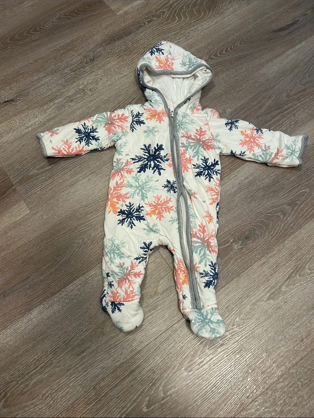 Snowflake-Print Hooded Baby Footie in Cream with Navy, Coral & Mint